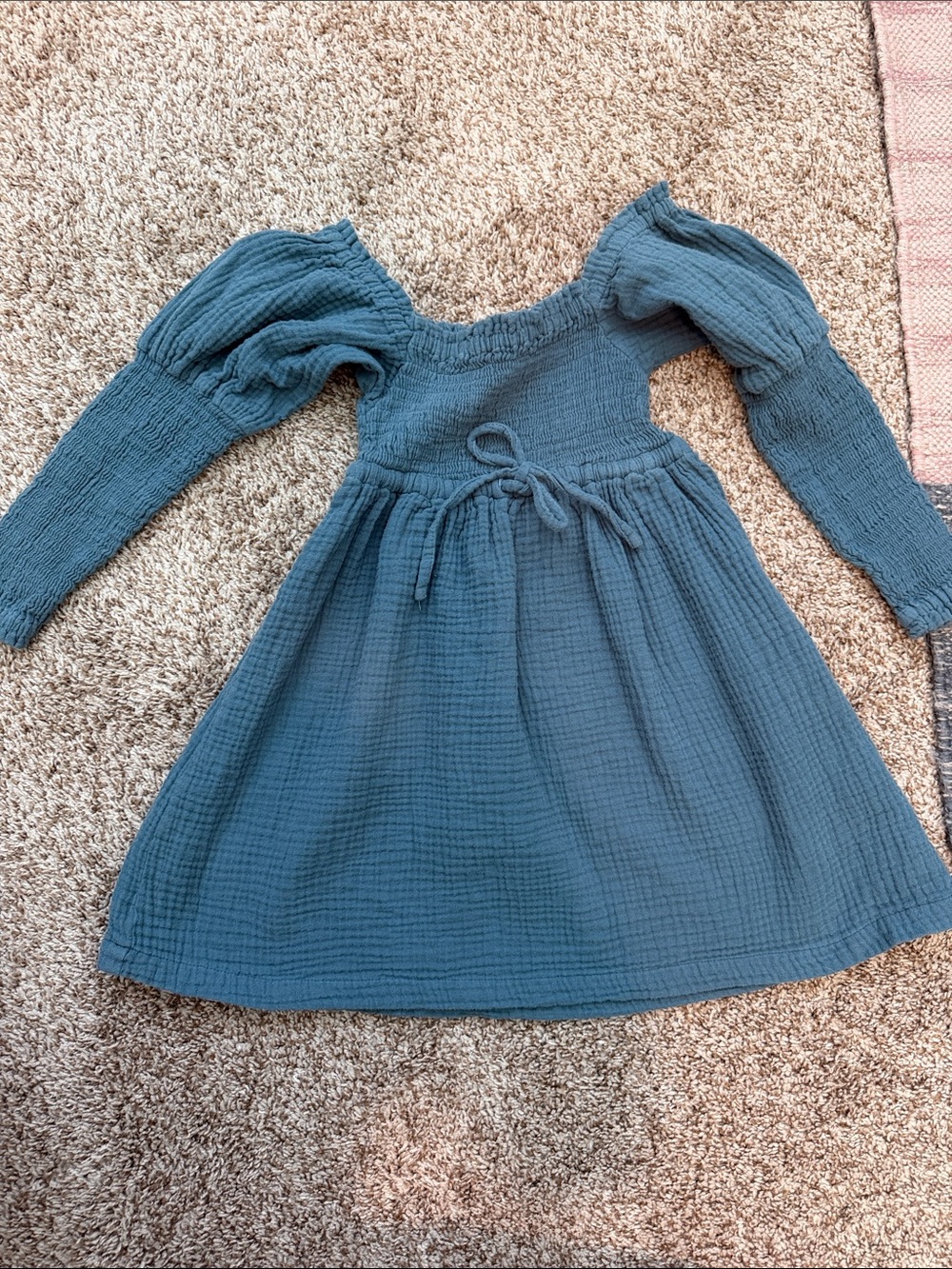 Smocked Puff Sleeve Kids Dress in Teal Blue